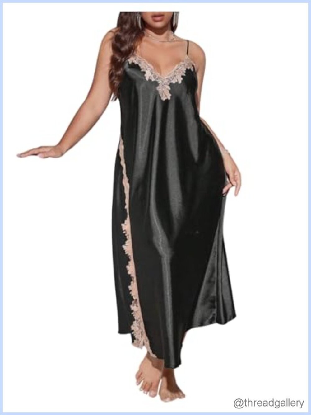 Satin Long Nightgown Lace Trim V Neck Slit Chemise Sleep Dress
